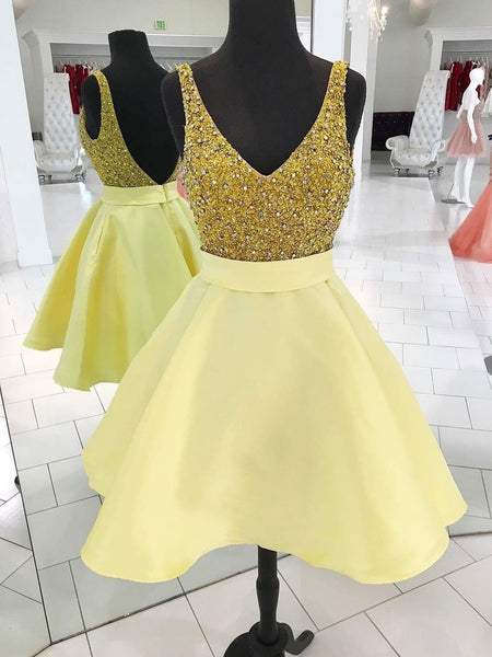 Light Yellow A-line Homecoming Dresses,Beaded Sweet 16 Dress,HC00176