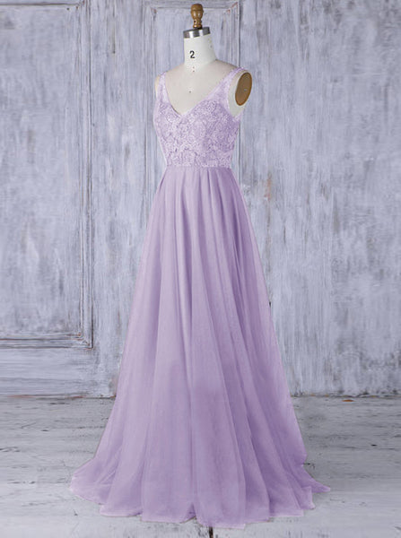 Lilac Long Bridesmaid Dress,Tulle Bridesmaid Dress,V Neck Bridesmaid Dress,BD00054