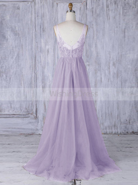 Lilac Long Bridesmaid Dress,Tulle Bridesmaid Dress,V Neck Bridesmaid Dress,BD00054