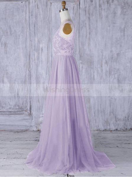 Lilac Long Bridesmaid Dress,Tulle Bridesmaid Dress,V Neck Bridesmaid Dress,BD00054