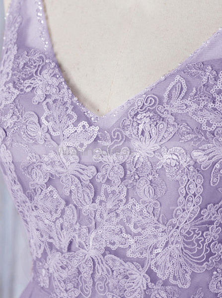 Lilac Long Bridesmaid Dress,Tulle Bridesmaid Dress,V Neck Bridesmaid Dress,BD00054