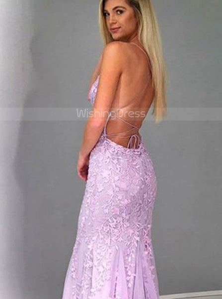 Lilac Mermaid Lace Prom Dresses,Open Back Evening Dress,PD00428