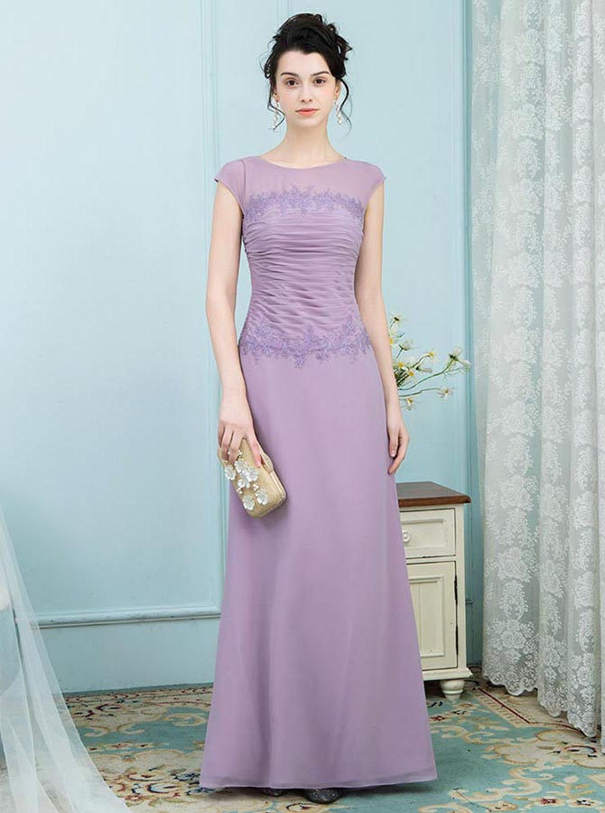 mother of the bride purple dress Sheath Chiffon Lilac Mother of the Bride Dress with Cape Sleeves US0 / Custom Color