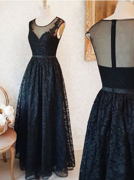 Long Black Prom Dress,Lace Prom Dress,Lace Bridesmaid Dresses,PD00302