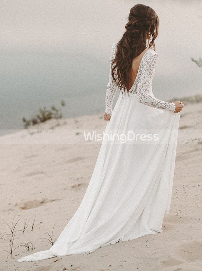 long sleeve wedding dress beach Off the Shoulder Lace Dresses See Through Wedding AWD1072 chiffon beach wedding dress Boho Style Lace Sleeved Two