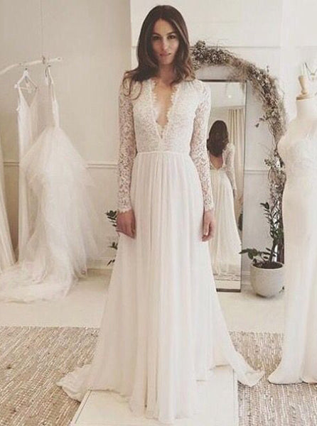 Long Sleeves Wedding Dress,Beach Wedding Dress,Lace Chiffon Bridal Dress,WD00056