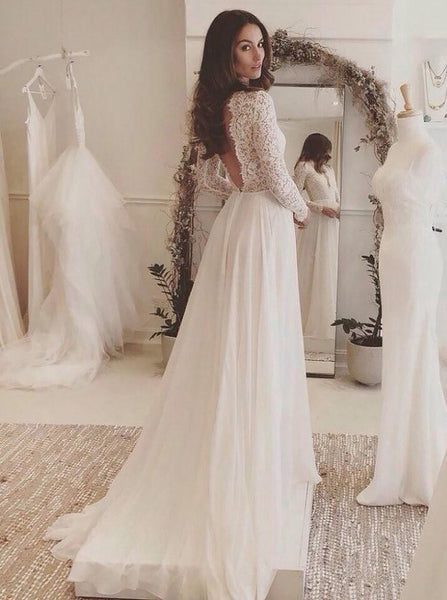 Long Sleeves Wedding Dress,Beach Wedding Dress,Lace Chiffon Bridal Dress,WD00056
