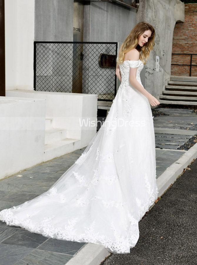 Long Train A-line Wedding Dresses,Off the Shoulder Bridal Gown,WD00489, US2 / White Long Train A-line Wedding Dresses,Off the Shoulder Bridal Gown,WD00489, US2 / White