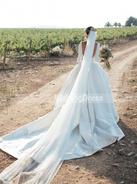 Long Train Wedding Dresses,Classic Wedding Dress with Sleeves,WD00452