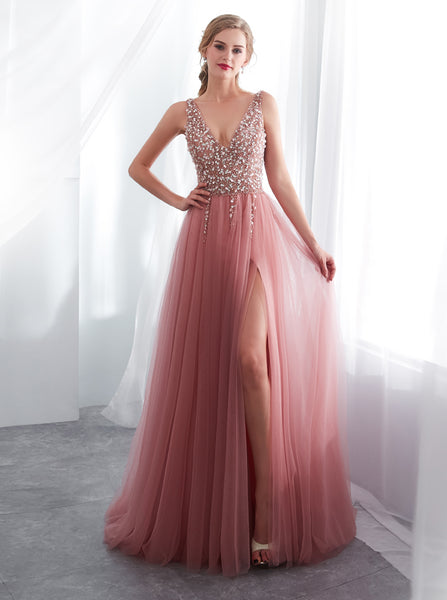 Long Tulle Prom Dress with Slit,Stunning Evening Dress,PD00408