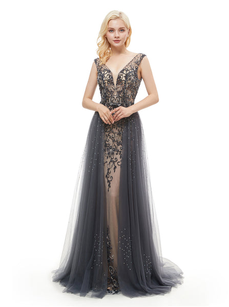 Luxury Prom Dresses with Overskirt,Beaded Tulle Long Evening Dress,PD00379