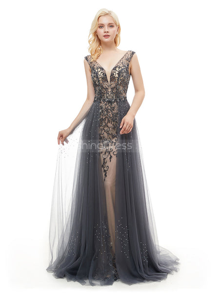 Luxury Prom Dresses with Overskirt,Beaded Tulle Long Evening Dress,PD00379