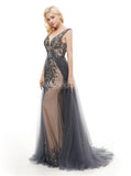 Luxury Prom Dresses with Overskirt,Beaded Tulle Long Evening Dress,PD00379