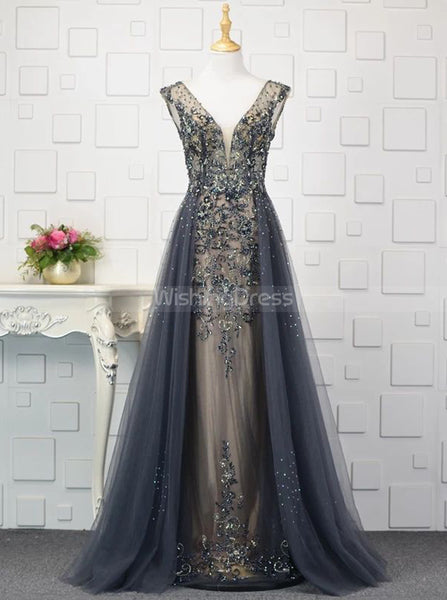 Luxury Prom Dresses with Overskirt,Beaded Tulle Long Evening Dress,PD00379
