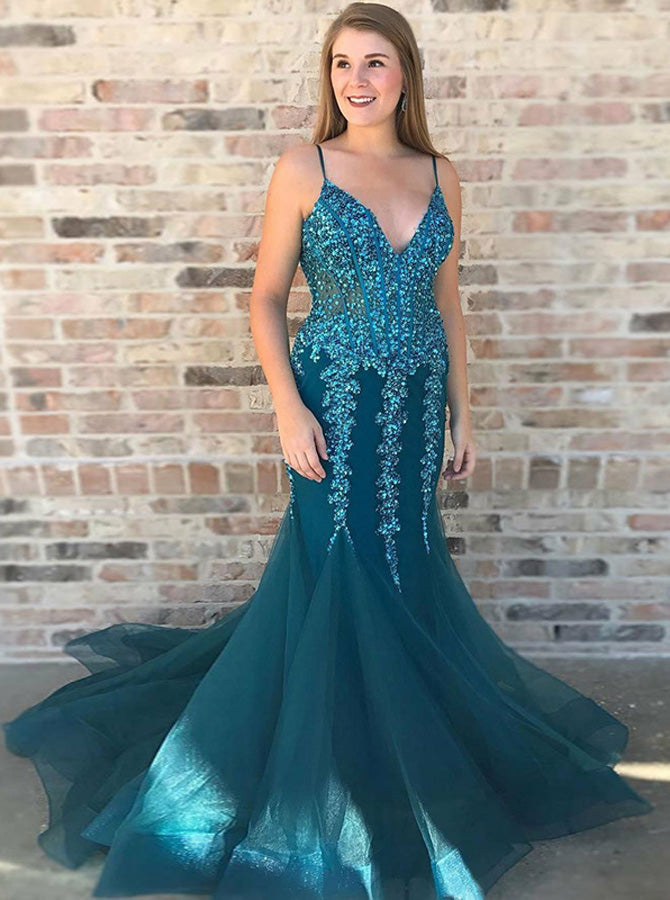 Mermaid Beaded Prom Dress,Fitted Evening Dress with Straps,Tight Tulle