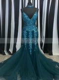 Mermaid Beaded Prom Dress,Fitted Evening Dress with Straps,Tight Tulle Prom Dress PD00111