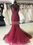 Mermaid Beaded Prom Dress,Fitted Evening Dress with Straps,Tight Tulle Prom Dress PD00111