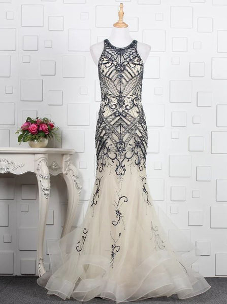Mermaid Beaded Prom Dresses,Tulle Long Evening Dress,PD00377