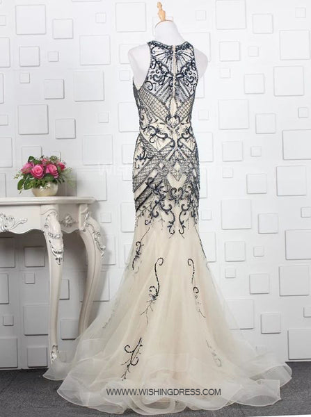Mermaid Beaded Prom Dresses,Tulle Long Evening Dress,PD00377