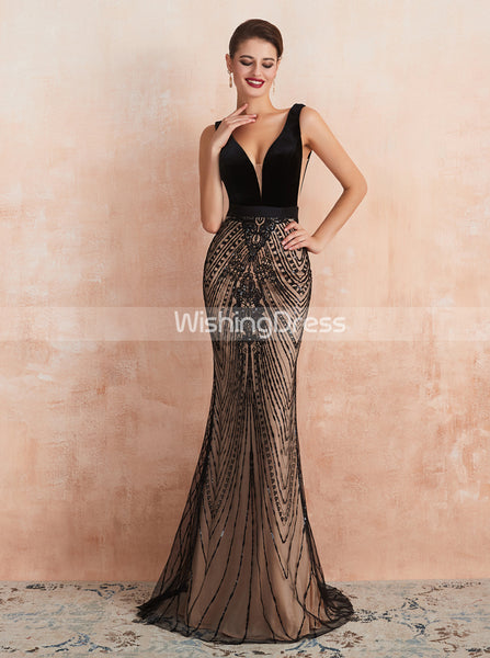 Mermaid Black Formal Dress,Gorgeous V-neck Evening Dress,pd00457