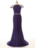 Mermaid Evening Dress with Cap Sleeves,Evening Dress with Sweep Train,Elegant Prom Dress PD00063