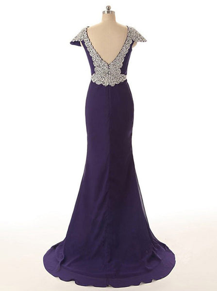 Mermaid Evening Dress with Cap Sleeves,Evening Dress with Sweep Train,Elegant Prom Dress PD00063