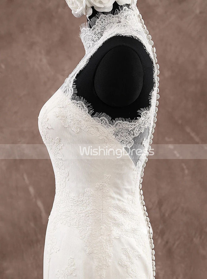 Mermaid High Neck Wedding Dresses,Vintage Wedding Dress with Sheer Bac