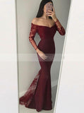 Mermaid Lace Prom Dress,Elegant Off the Shoulder Evening Dress,Prom Dress with Long Sleeves PD00034