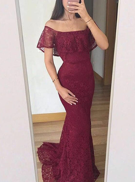 Mermaid Off The Shoulder Lace Prom Dress,Elegant Evening Dress with Train PD00156