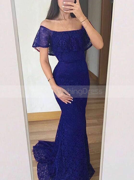 Mermaid Off The Shoulder Lace Prom Dress,Elegant Evening Dress with Train PD00156
