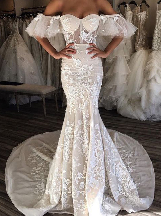 Mermaid Off the Shoulder Wedding Dress,Sexy See Through Wedding Gown,W