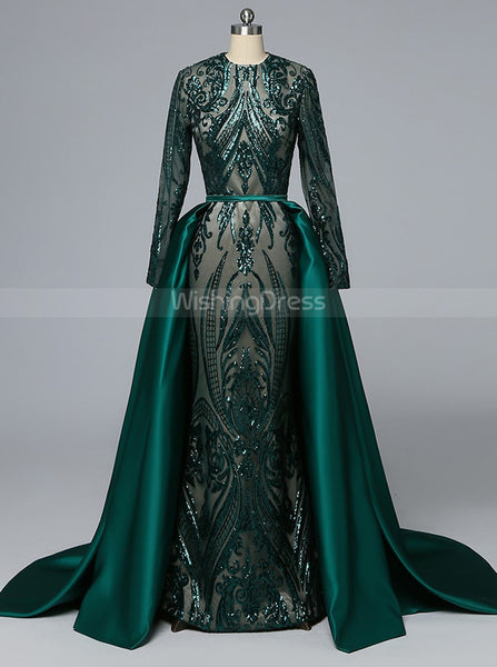 Mermaid Prom Dress with Detachable Overskirt,Long Sleeves Prom Dress,Vogue Prom Dress,PD00432