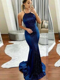 Mermaid Royal Blue Prom Dress,Elastic Satin Evening Dress with Train,Lace Up Evening Dress PD00179