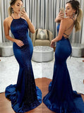 Mermaid Royal Blue Prom Dress,Elastic Satin Evening Dress with Train,Lace Up Evening Dress PD00179