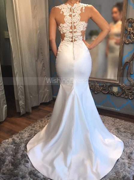 Mermaid Tight Wedding Dresses,Illusion Bridal Gown,Satin Wedding Dress,WD00357
