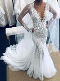 Mermaid Wedding Dress Deep V-neck,Mermaid Wedding Dresses with Appliques,WD00629