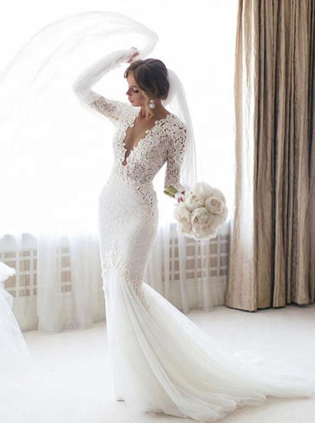 Mermaid Wedding Dress with Long Sleeves,Chic Wedding Dress,WD00622