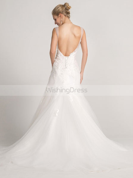 Mermaid Wedding Dresses,White Wedding Dress,Lace Tulle Bridal Dress,Modest Wedding Gown,WD00018