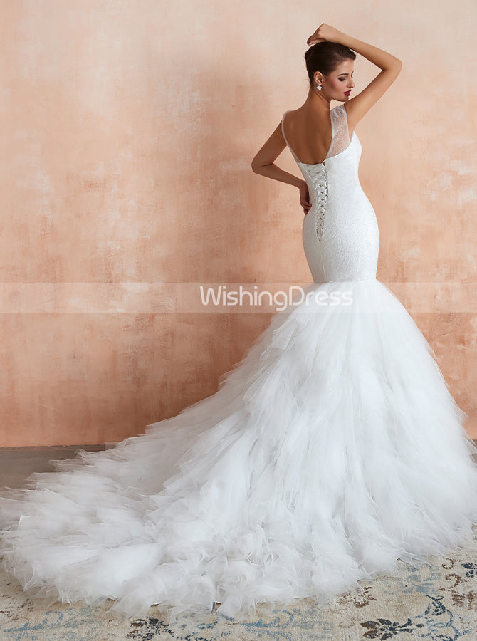 Mermaid Wedding Dresses with Ruffled Skirt Beaded Top Modern Bridal Go Wishingdress