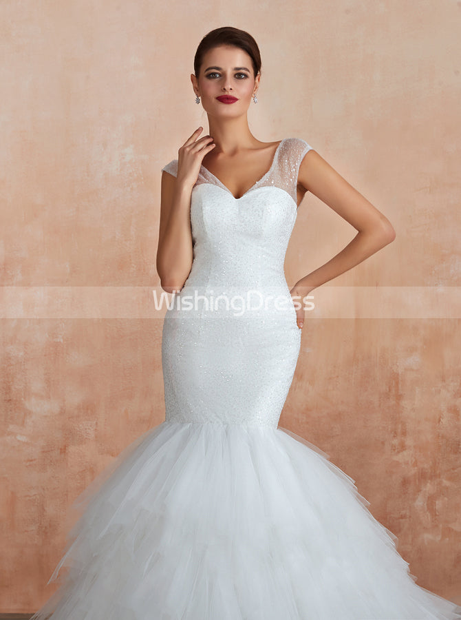 Mermaid Wedding Dresses with Ruffled Skirt,Beaded Top Modern Bridal Gown,WD00475, US2 / Ivory Mermaid Wedding Dresses with Ruffled Skirt,Beaded Top Modern Bridal Gown,WD00475, US2 / Ivory