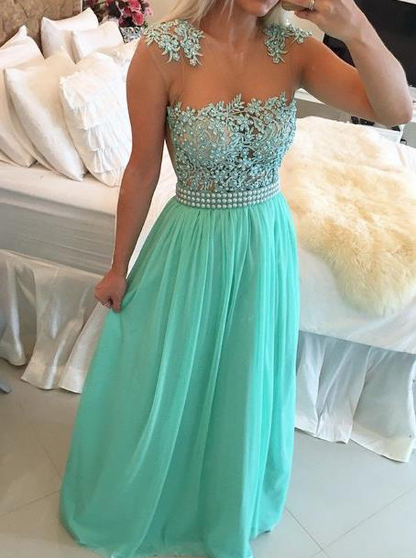 Mint Green Long Chiffon Prom Dress,Illusional Bodice Evening Dress,Tre