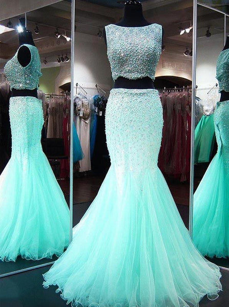 Mint Green Prom Dress,Two Piece Prom Dress,Beaded Prom Dress,Mermaid Prom Dress PD00192