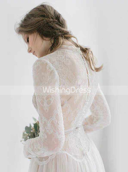 Modest High Neck Wedding Dress,Long Sleeves Lace and Tulle Wedding Dress,WD00509