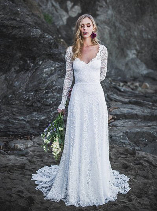 Modest Lace Wedding Dresses,Destination Wedding Dress with Sleeves,WD00419 Custom Size / Picture Color