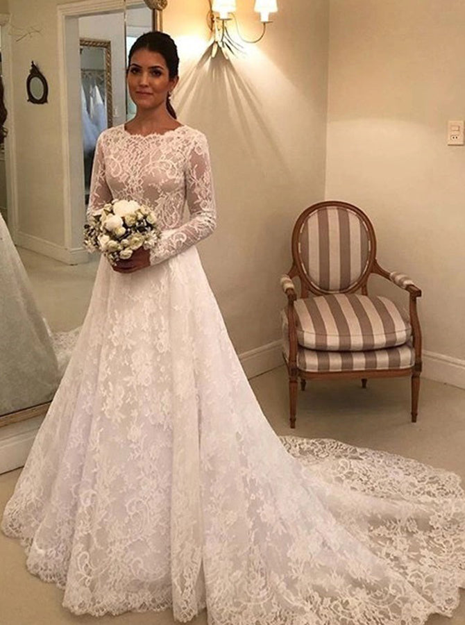 Modest Lace Wedding Dresses,Princess A-line Lace Wedding Dress with Sl
