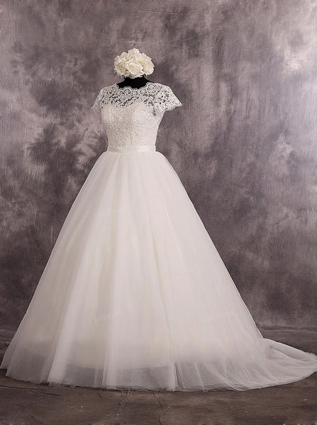 Modest Wedding Dress with Short Sleeves,Simple Wedding Gown,WD00528