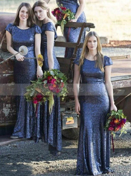 Navy Blue Fitted Bridesmaid Dress with Short Sleeves,Sequined Bridesmaid Dress,BD00153