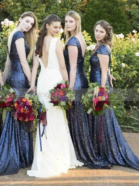 Navy Blue Fitted Bridesmaid Dress with Short Sleeves,Sequined Bridesmaid Dress,BD00153