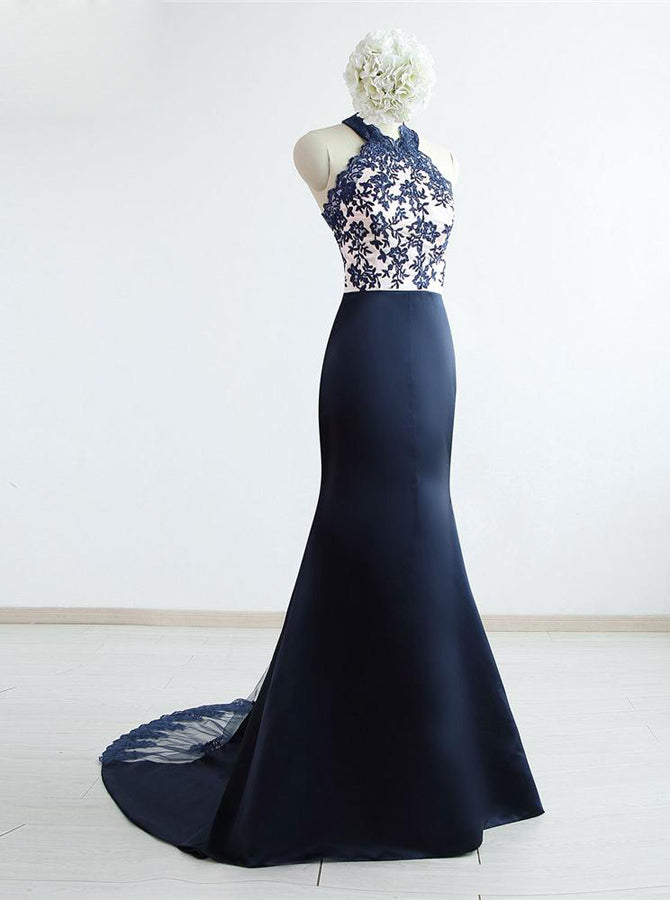 Dark Navy Bridesmaid Dresses,Long Mermaid Satin Bridesmaid Dress,BD003