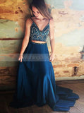 Navy Blue Two Piece Prom Dress,Beaded Top Prom Dress,Long Evening Dress Chiffon PD00107